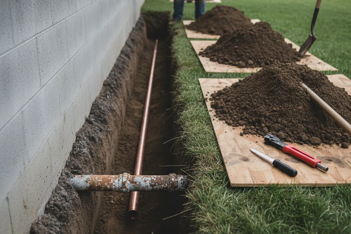 Excavated water line trench during Water Softener Installation in Fall River